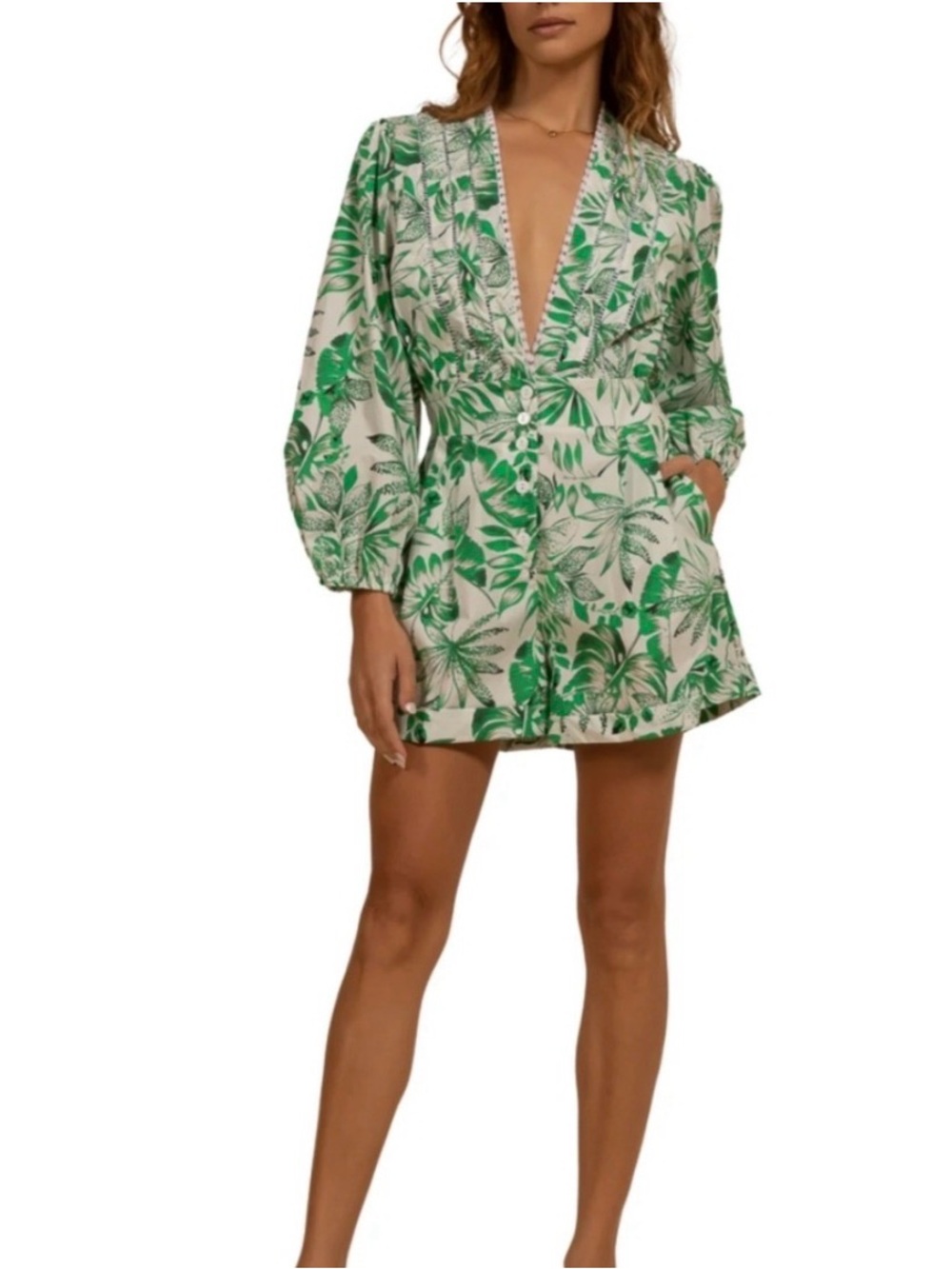 Kasia Leaf-Print V-Neck Green Short Romper